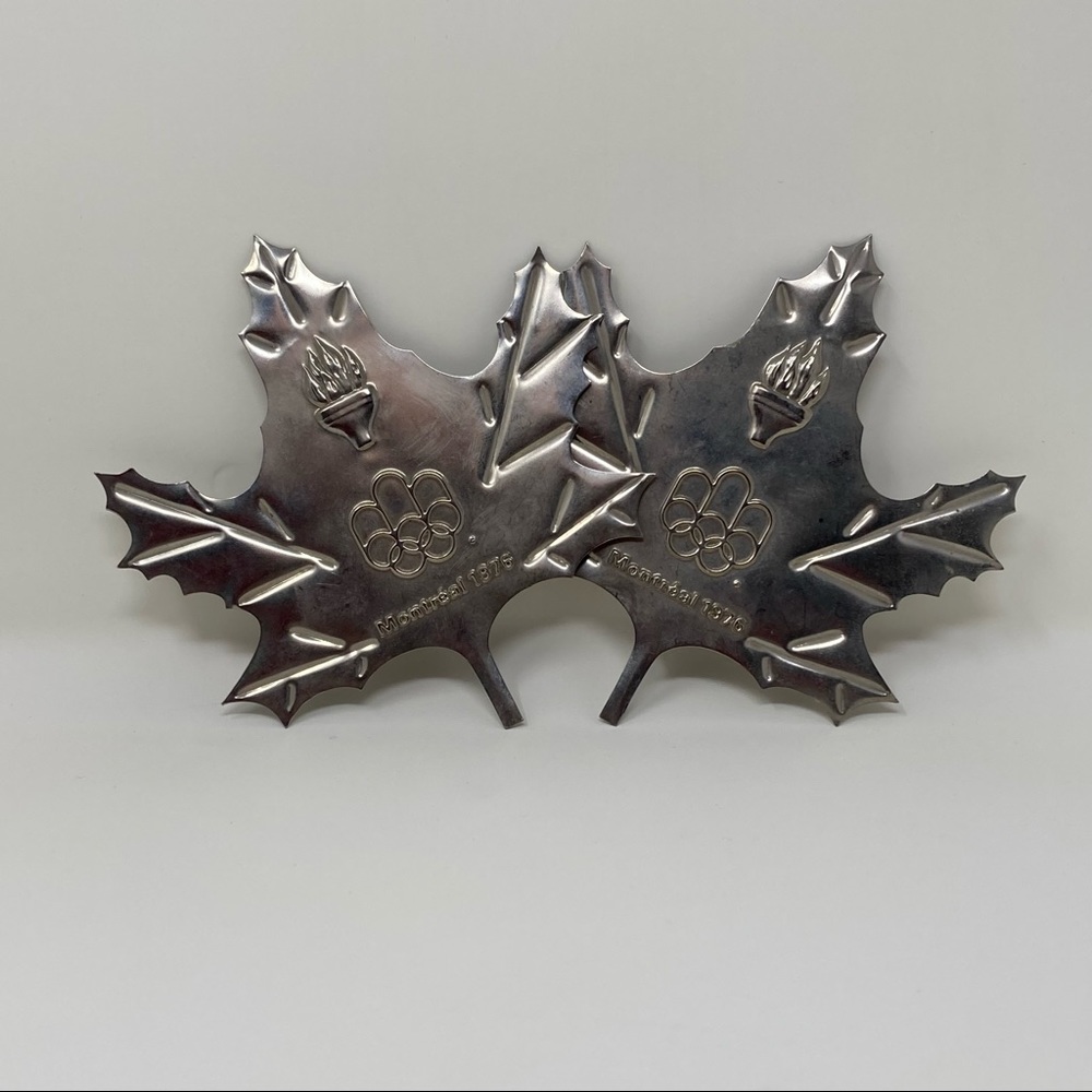 Vintage Olympics Metal Stamp Cut Maple Leaf Montreal Canada 1976 Set of 2